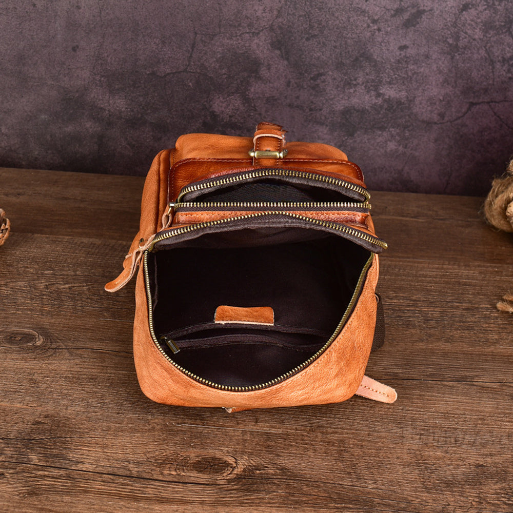 Vintage Leather Multi-Pocket Sling Pack