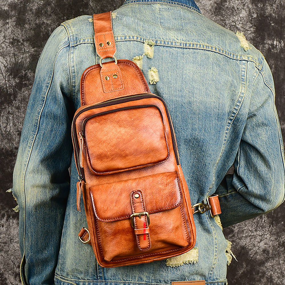 Vintage Leather Multi-Pocket Sling Pack