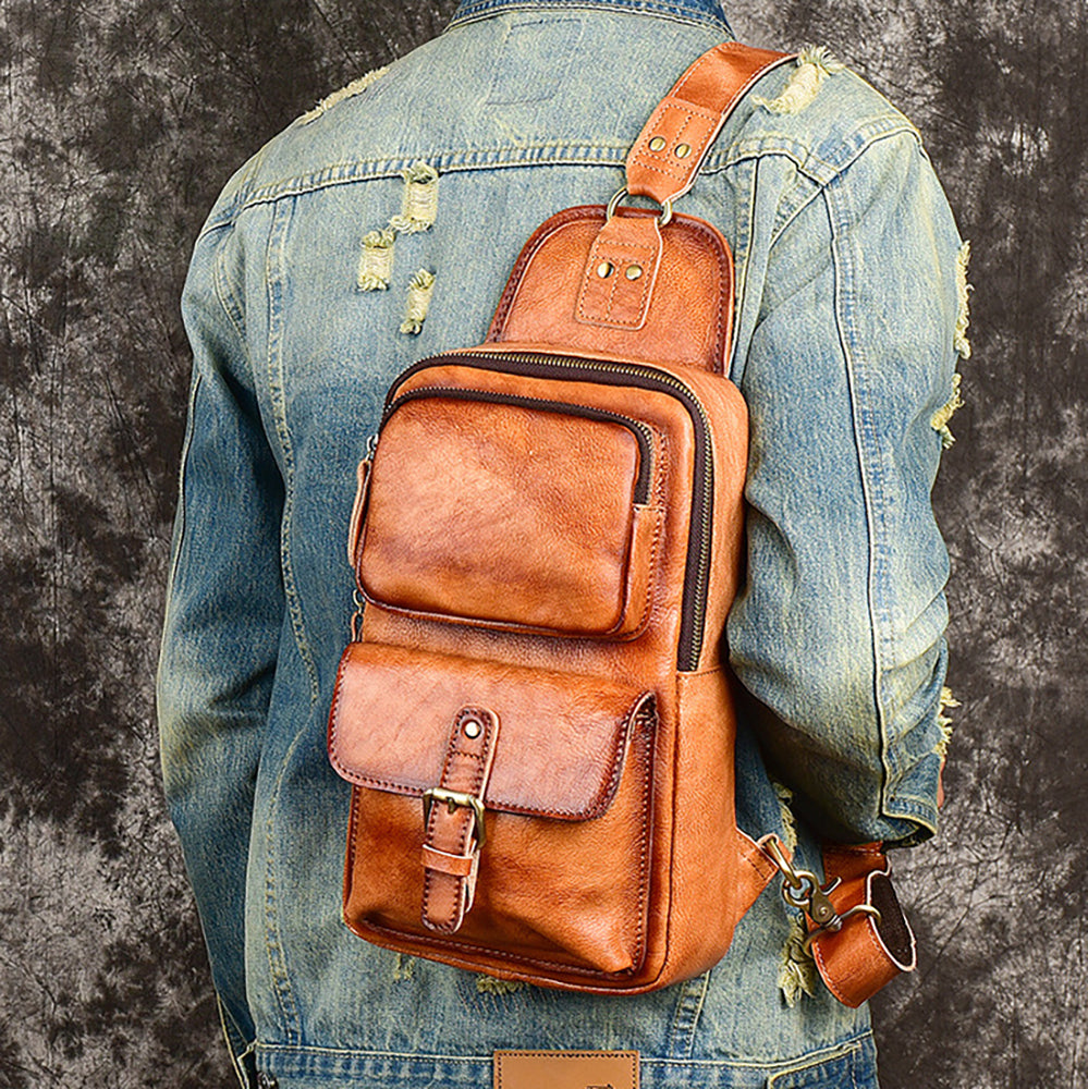 Vintage Leather Multi-Pocket Sling Pack